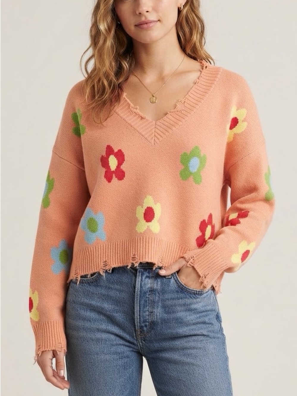 Bailey Rose Distressed Flower Print Sweater Size L